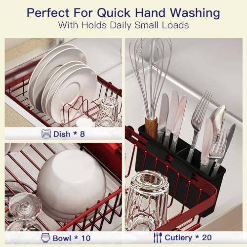 Red Expandable Dish Drying Rack Over Sink with Extra Drying Mat