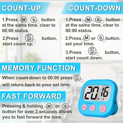 Digital Kitchen Timers for Cooking Kids Blue Pink 6 Pack (6 Count)