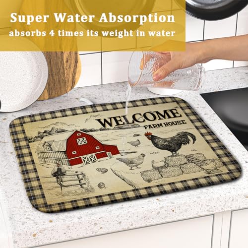 Farmhouse Rooster Dish Drying Mat 16x18 Inch Country Chicken Absorbent Dish Drainer Mat Reversible Countertops Protector Pad Kitchen Accessories