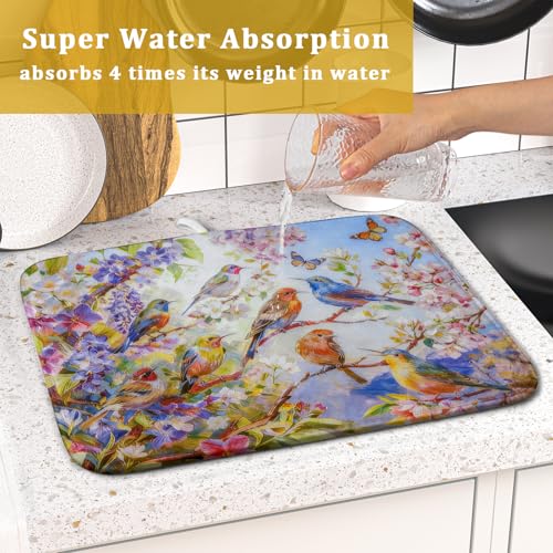 Spring Bird Dish Drying Mats for Kitchen Counter Floral Small Dish Drying Pad Season Decor