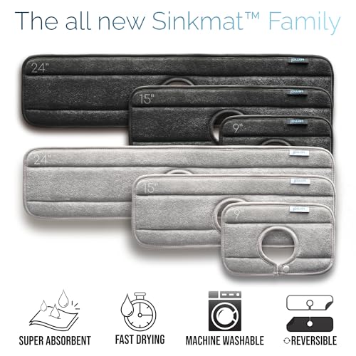 Original SINKMAT 24in XL Faucet Splash Guard Extra Long Microfiber Sink Drip Catcher Mat Non Slip Countertop Protector Drying Pad for Kitchen Bathroom RV Machine Washable Black
