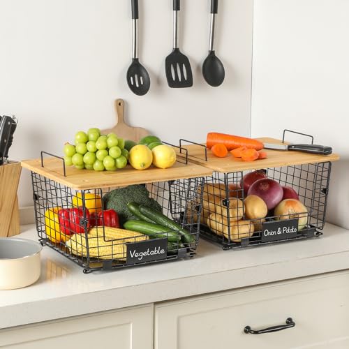 2 Set XXL Stackable Wire Basket with Bamboo Tops & Tag (2 Count)