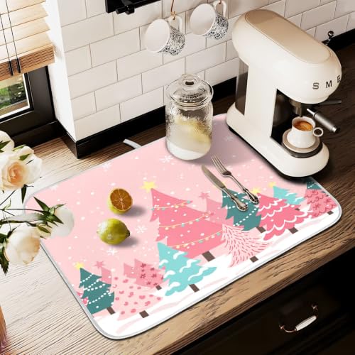 Christmas Tree Pink Dish Drying Mat for Kitchen Counter Absorbent Microfiber Large Drying Pad Winter White Snowflake Xmas Dish Mats for Kitchen Countertops 18 x 24 Inch