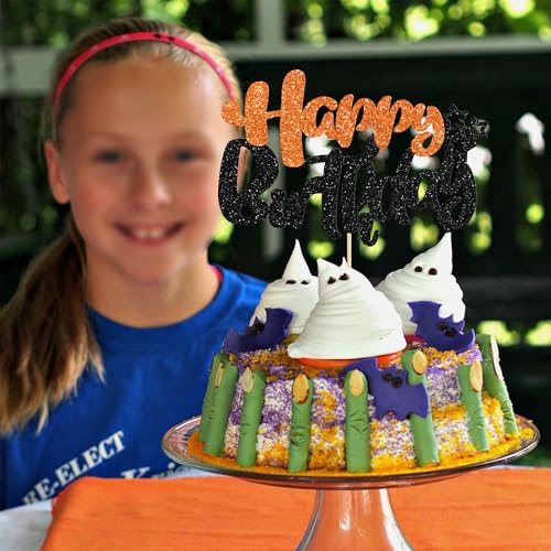 1Pcs Happy Birthday Cake Topper Glitter Happy Birthday Cake Pick for Halloween Baby Shower Theme Anniversary Party Cake Decorations Supplies Black Orange