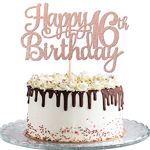 1 PCS Happy 16th Birthday Cake Topper Glitter Cheers to 16 Years Birthday Cake Pick Sweet 16 Fabulous Cake Decoration for Happy 16th Birthday Theme Party Decorations Supplies Rose Gold