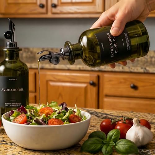 Green Glass Olive Oil Dispenser Bottles For Kitchen (2 Count)