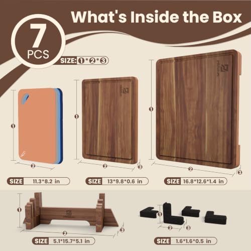 Large Acacia Wood Cutting Board Set for Kitchen with Storage Stand (7 Count)