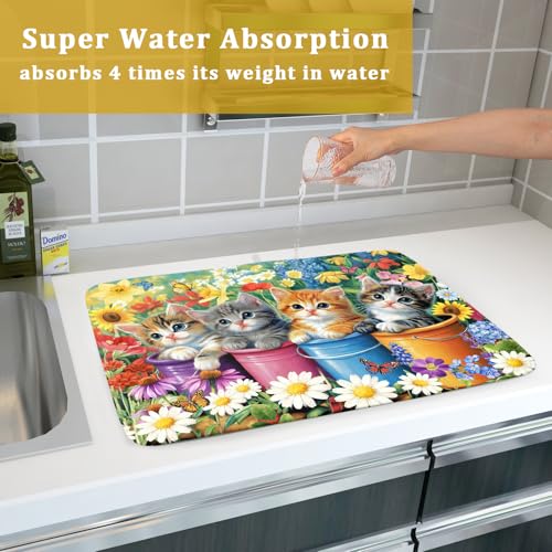 Lovely Cat Drying Mat for Kitchen Counter Colorful Flower Absorbent Coffee Bar Mat 18 X 24