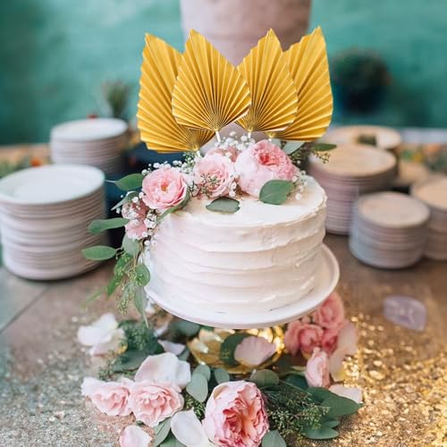 6Pcs Paper Palm Fan Cake Toppers Palm Leaf Fan Cake Topper Palm Spear Leaf Cupcake Toppers Cake Insert Decoration For Cake Decorating Diy Craft Project Home Wedding Party Supplies Gold (6 Count)