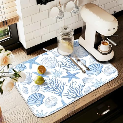 Nautical Coastal Dish Drying Mat for Kitchen Counter Absorbent Microfiber Large Summer Ocean Themed Seashell Coral Starfish Drying Pad Dish Mats for Kitchen Countertops 18 x 24 Inch