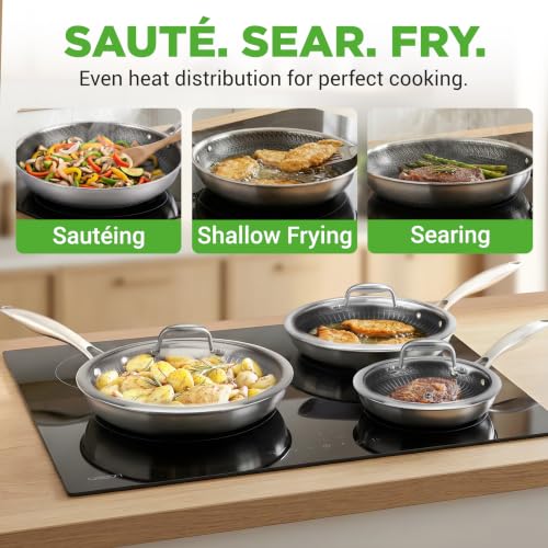 6-Piece Tri-Ply Stainless Steel Frying Pan Set – 8", 10", 12" Non-Stick Skillets with Lids, Induction Compatible, Oven Safe, Scratch-Resistant, Dishwasher Safe
