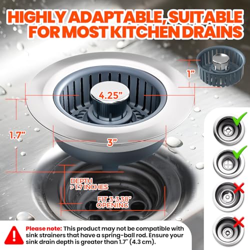 3 in 1 Kitchen Sink Drain Strainer and Stopper Silver 1 Pack