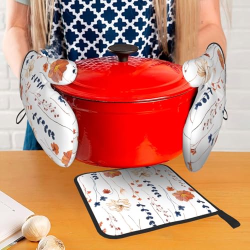 Watercolor Orange Floral Oven Mitts and Pot Holders Set Heat Resistant Non Slip Set of 3 Navy Blue and Orange Flower Decorative Kitchen Gloves Hot Pads for Cooking BBQ Baking Grilling (3 Count)