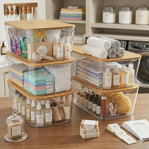 6 Pack Clear Stackable Storage Bins with Bamboo Lids (6 Count)