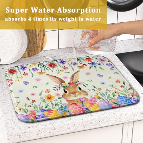 Easter Rabbit Dish Drying Mat Spring Flower Dish Drainer Rack Mats 16x18 inch Absorbent Microfiber Fast Dry Pad Kitchen Counter Accessories