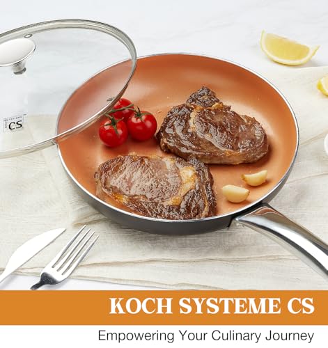 10in Copper Nonstick Frying Pans with Lids and Titanium Ceramic Interior