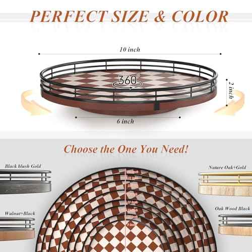 10 Inch Brown Checkerboard Lazy Susan Organizer with Black Metal Rail