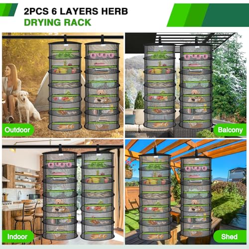6 Layer Herb Drying Rack Hanging Mesh Net Foldable Plant Drying Racks 24" w Green Zipper Pruning Shears Dryer Hanging Rack for Herbs Seed Bud Fruit Clothes Grow Tent Closet Garden Outdoor 2 PCS