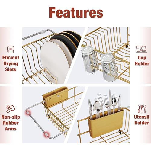 Gold Dish Drying Rack in Sink with Drainboard and Utensil Holder