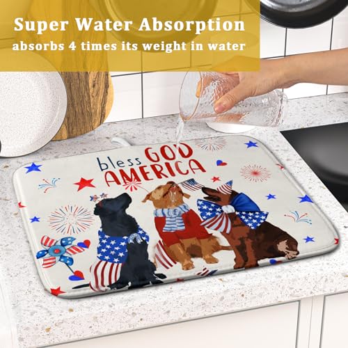4th of July Patriotic Dogs Dish Drying Mat American Independence Day Dish Dry Pad 16"x18" Absorbent Dishes Drainer Mat for Kitchen Counter
