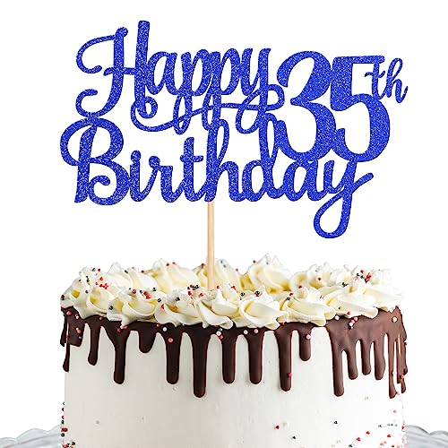 1 PCS Happy 35th Birthday Cake Topper Glitter Cheers to 35 Years Birthday Cake Pick Thirty Five 35 Fabulous Cake Decoration for Happy 35th Birthday Theme Party Decorations Supplies Blue