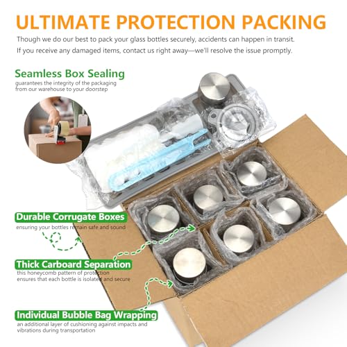 18 oz Glass Juice Bottles with Stainless Steel Lid Leak Proof 6 Pack (6 Count)