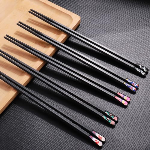 5 Pairs Premium Chopsticks Reusable Dishwasher Safe 9.5 Inch Fiberglass Chop Sticks Gift Set Hexagon Black Non Slip with the Printed Tops (5 Count)