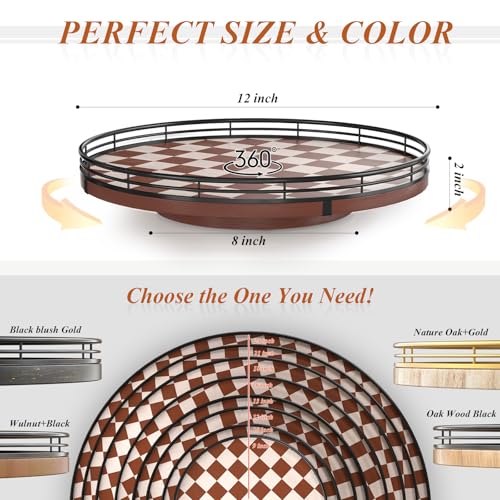 12 Inch Brown Checkerboard Lazy Susan with Black Metal Rail
