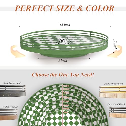 12 Inch Green and White Checkerboard Lazy Susan with Rubberwood Base