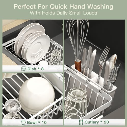 White Expandable Dish Drying Rack Over Sink with Extra Drying Mat
