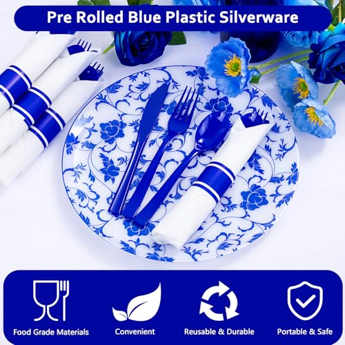 400PCS Pre Rolled Blue Plastic Silverware Set Heavy Duty for Wedding (400 Count)