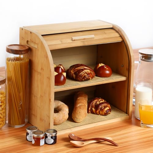 2 Layer Bamboo Bread Box for Kitchen Organizer