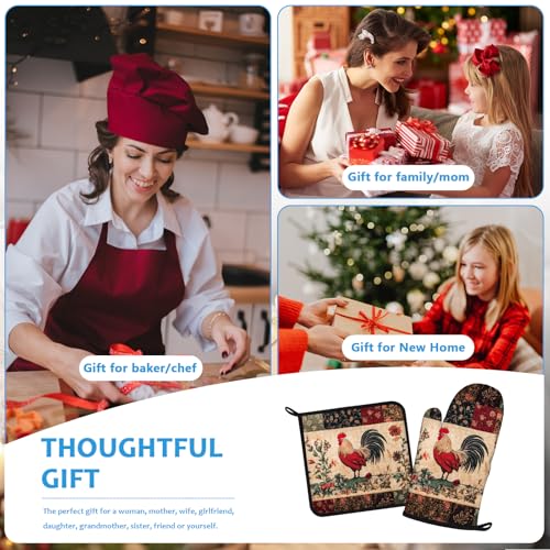 Rustic Rooster Oven Mitts and Pot Holders Sets Heat Resistant 4Pcs Potholders Oven Gloves Hot Pads for Kitchen Baking Cooking Grilling BBQ (4 Count)