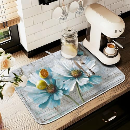 Rustic Teal White Daisy on Vintage Wooden Dish Drying Mat for Kitchen Counter Absorbent Microfiber Large Drying Pad Dish Mats for Kitchen Countertops 18 x 24 Inch