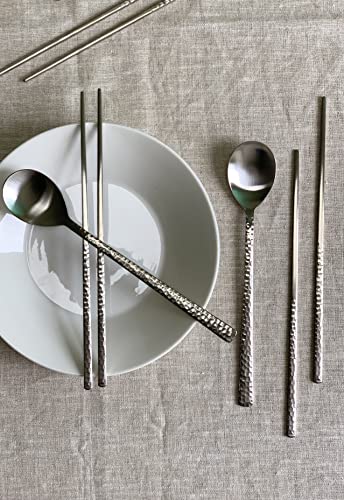 Korean Made Silver Glossy Hammered Stainless Steel Korean Spoon & Chopstick SET Gift for Mom Stocking Stuffer