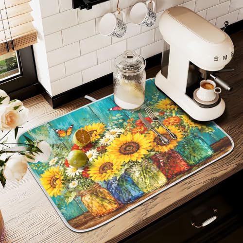 Spring Summer Floral Jar Dish Drying Mat for Kitchen Counter Absorbent Microfiber Large Drying Pad Dish mats for Kitchen Countertops 18 x 24 Inch