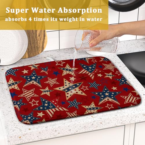 4th of July Dish Drying Mat for Kitchen Counter Patriotic Red Absorbent Dishes Dryer Pad