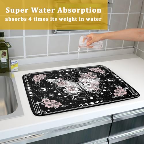 Skeleton Butterfly Dish Drying Mat Black Skull Absorbent Dish Drainer for Kitchen Counter Holiday Decor