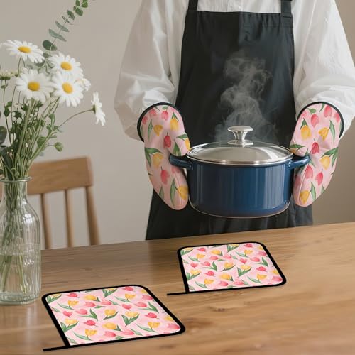 Pink Tulip Oven Mitts and Pot Holders Set (4 Count)
