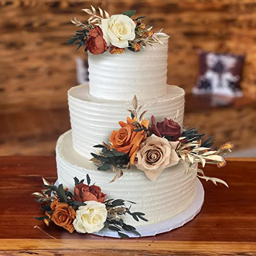 3Pcs Pre made Cake Topper Cake Decorating Flowers for Cake Decor Boho Burnt Orange Fall Cake Flowers for Wedding Baptism Birthday Party Bridal Baby Shower (3 Count)
