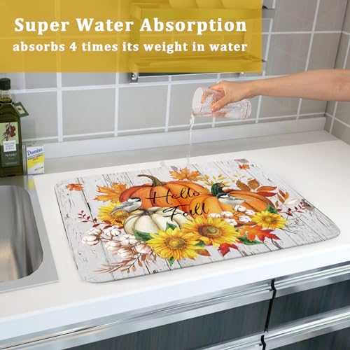 Hello Fall Dish Drying Mat for Kitchen Counter 18x24 Inch Orange Pumpkin Absorbent Drying Pad with Hanging Loop Autumn Home Decoration