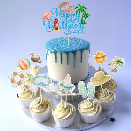 37Pcs Summer Beach Pool Cupcake Toppers Glitter Beach Happy Birthday Cake Topper Ball Sun Umbrella Water Gun Cupcake Picks for Tropical Hawaii Theme Birthday Party Decorations Supplies Blue (37 Count)