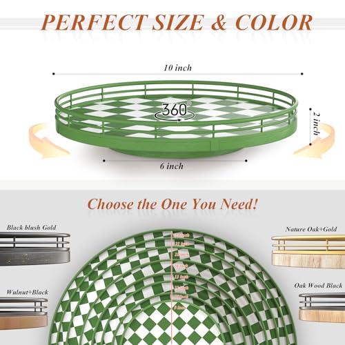 Green and White Checkerboard Lazy Susan with Rubberwood Base and Metal Rail