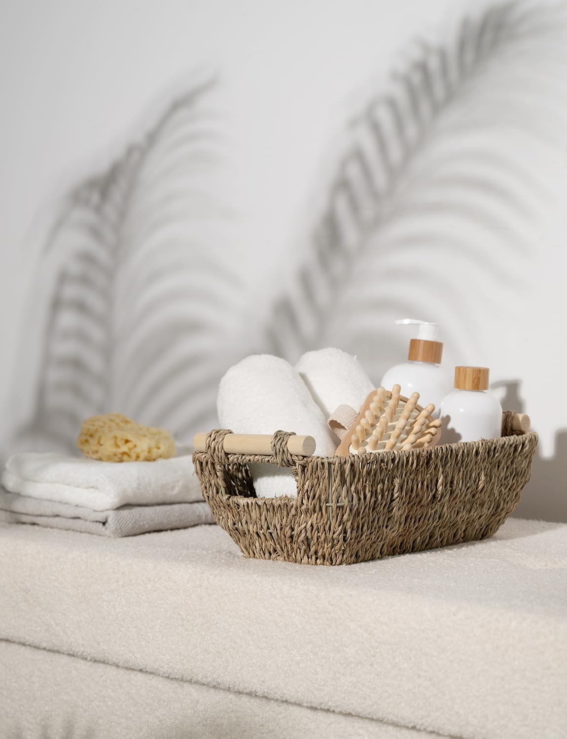 StorageWorks Small Baskets for Bathroom, Seagrass Woven Basket with Wooden Handles for Gifts, 2-Pack