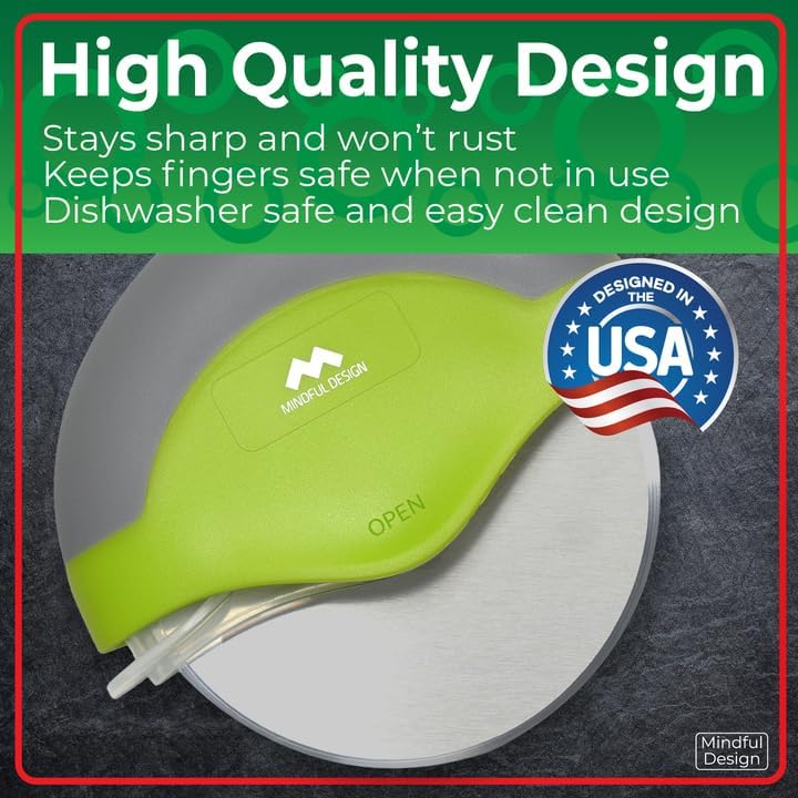 Mindful Design Pizza Cutter Wheel with Protective Blade Cover, Easy to Clean and Dishwasher Safe Ergonomic Pizza Slicer (Green) - Culinary Roots