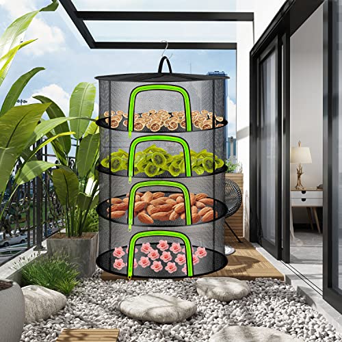 4 Layer Herb Drying Rack Hanging Mesh Plant Dry Net Basket for Herbs Plants Flower Vegetables Spices Fish Food with Green Zippers