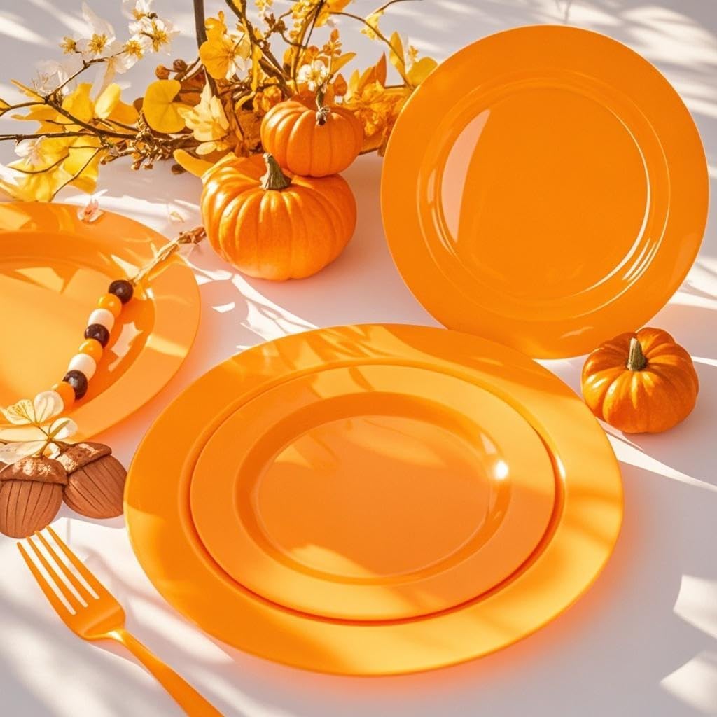 FLOWERCAT 60PCS Orange Plates - Heavy Duty Orange Plastic Plates Disposable for Halloween & Thanksgiving Party - Serve 30 Guests 10.25inch and 7.5inch - Culinary Roots