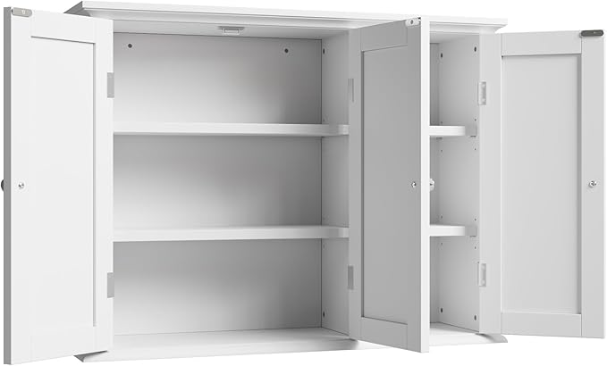 ChooChoo Bathroom Wall Cabinet with 3 Doors, Laundry Cabinet Wall Mounted, Medicine Cabinet with Adjustable Shelves, Hanging Kitchen Cupboard Organizer, White