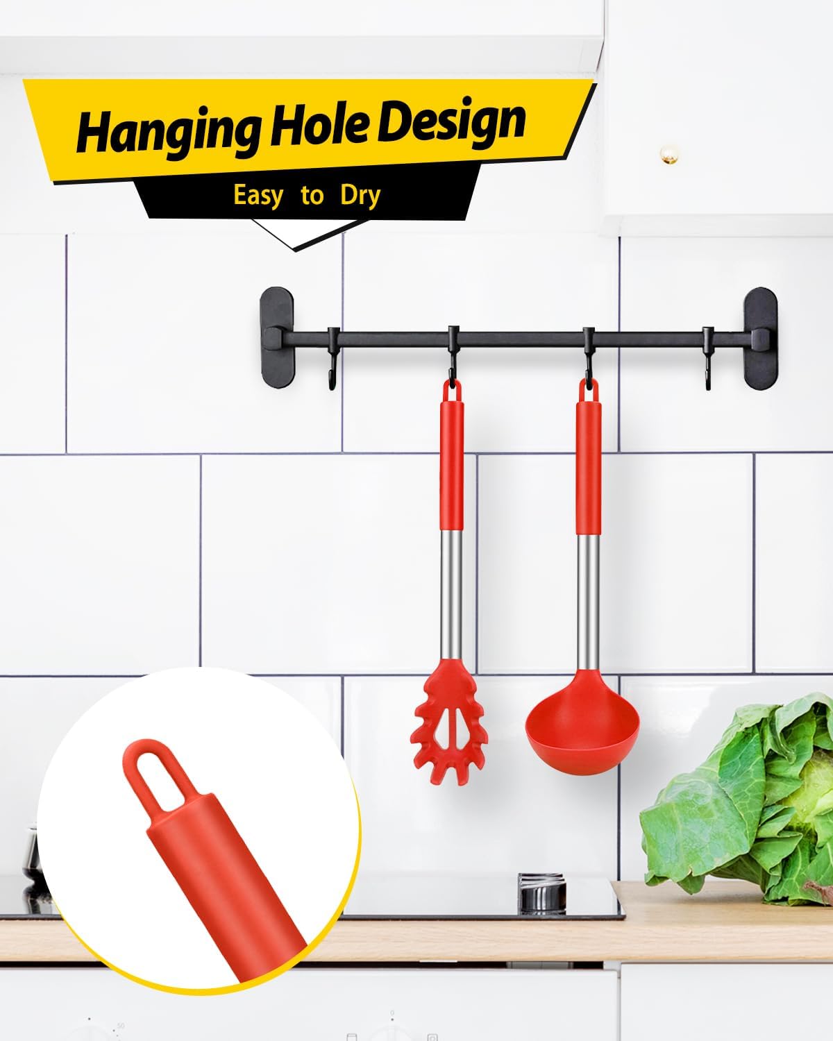 Silicone Pasta Fork and Ladle Spoon Set, Large Non Stick Kitchen Utensils for Cooking,Stirring,Serving Spaghetti, Soup, Sauce (RED) - Culinary Roots