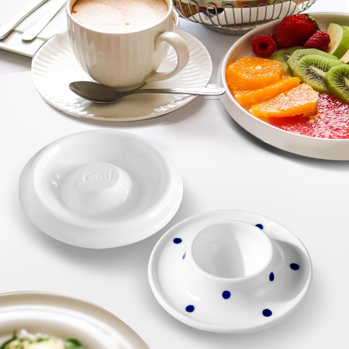 Cinf Ceramic White Egg Holder Set of 2 Porcelain Holder Breakfast Boiled Cooking Easy to Clean Childhood Memories Kitchen(Blue Dot)